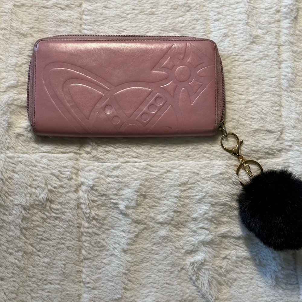 Vivienne Westwood London Embossed Orb Pink Zip-Around Leather Wallet w/ Pom Pull